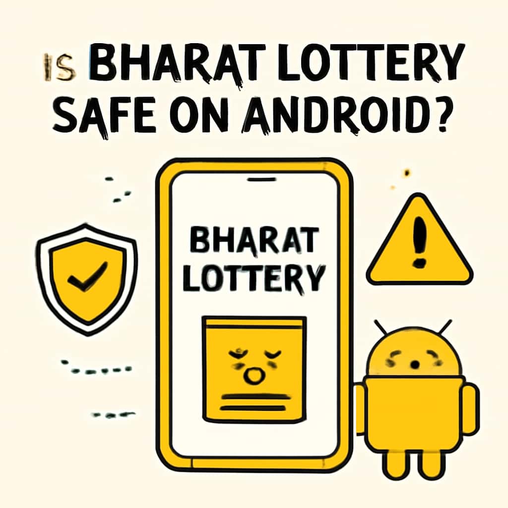 An educational illustration about Bharat Lottery's app safety on Android.